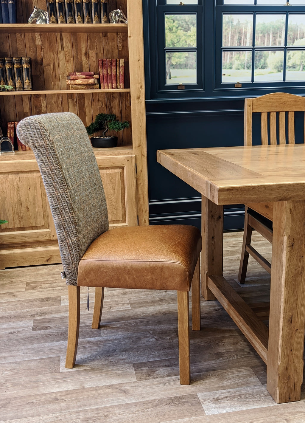 Bailey leather rollback and Harris Tweed oak chair