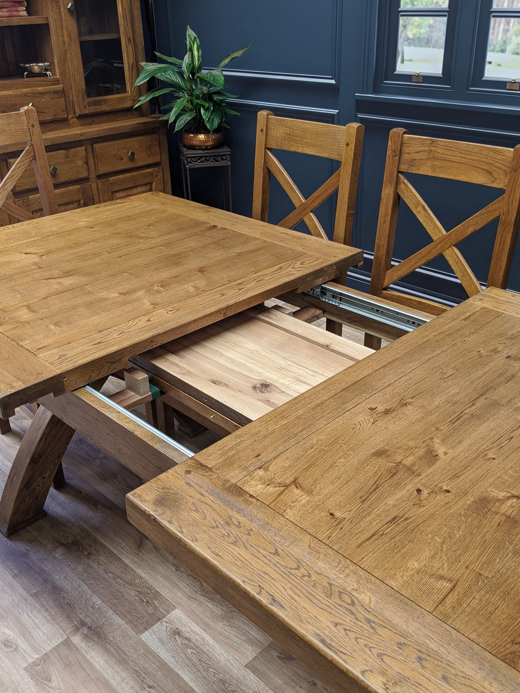 Empire X Leg Solid Oak extending Dining Table - Tudor oak range