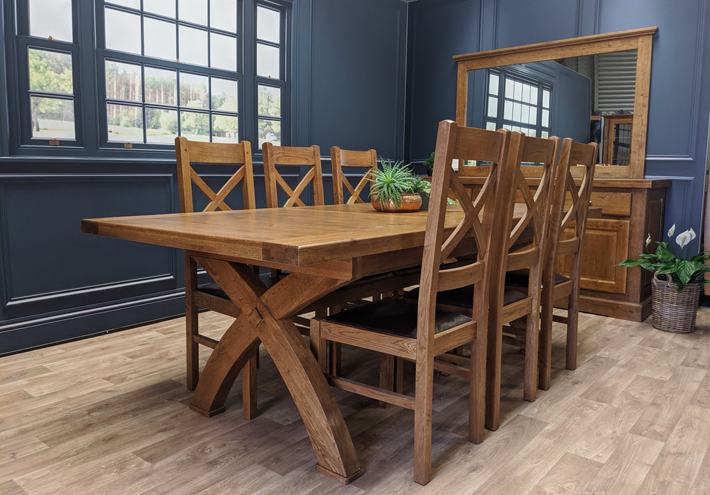 Empire X Leg Solid Oak extending Dining Table - Tudor oak range