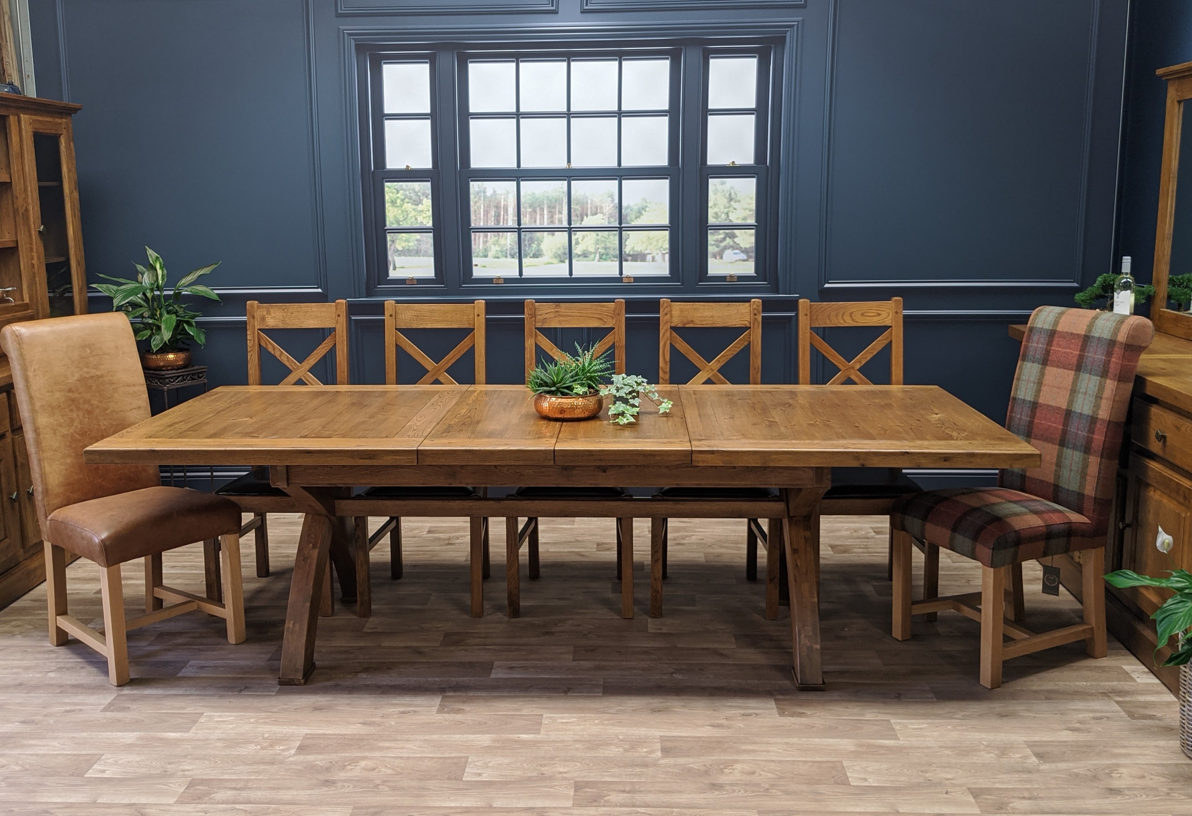 Empire X Leg Solid Oak extending Dining Table - Tudor oak range