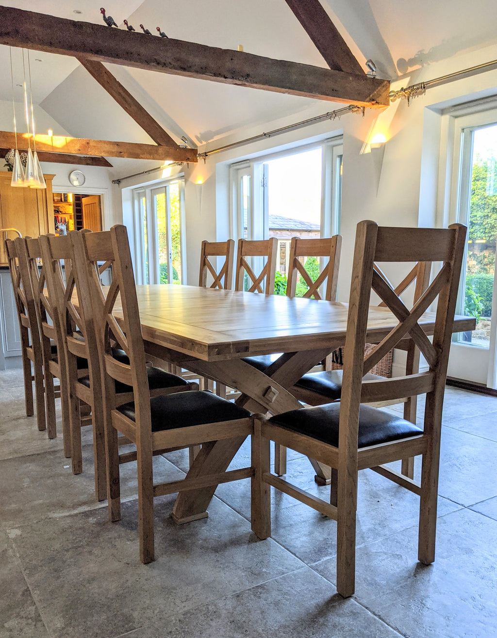 Empire X Leg Solid Oak extending Dining Table - Tudor oak range
